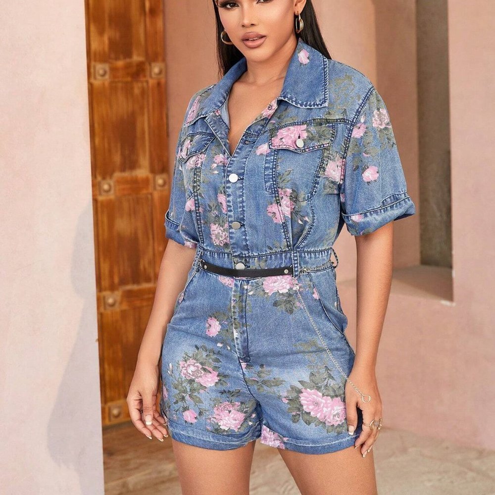 Blue Casual Womens Floral Print Flap Pocket Denim Romper - Picture 5 of 5